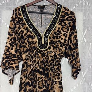 IMAN Animal Print Maxi Dress with Beaded Collar Gold and Black Details